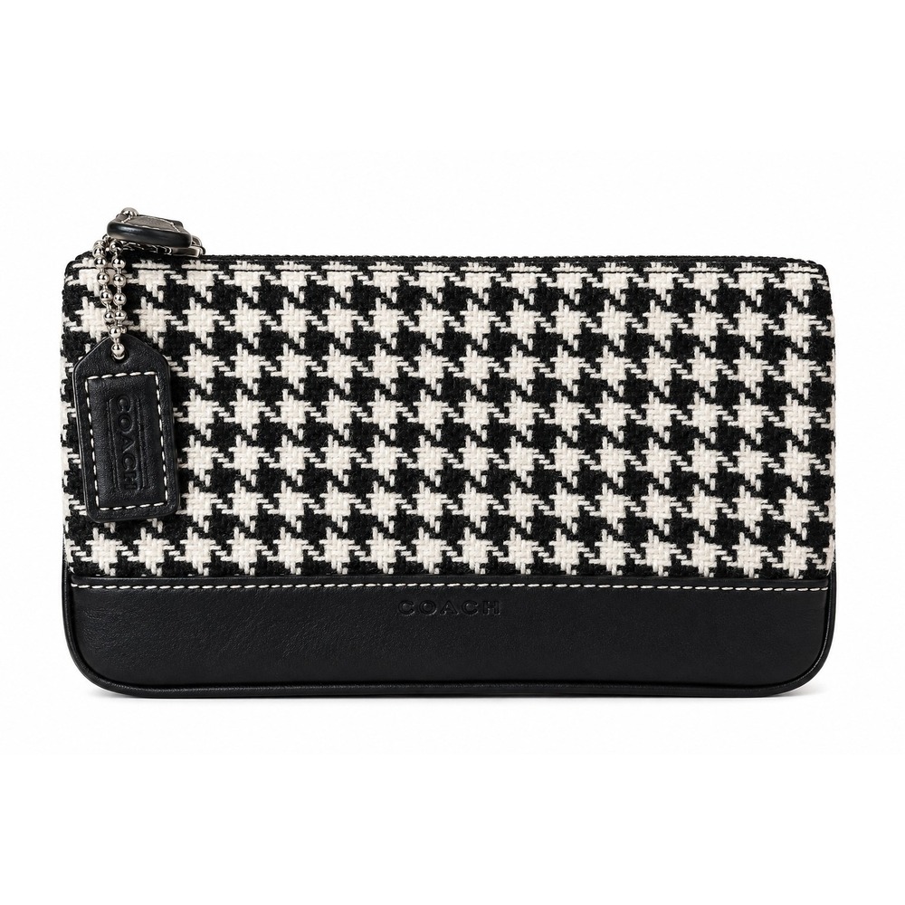 Coach Houndstooth Tweed Pouch Wristlet Black White Leather Trim Zip Y2K